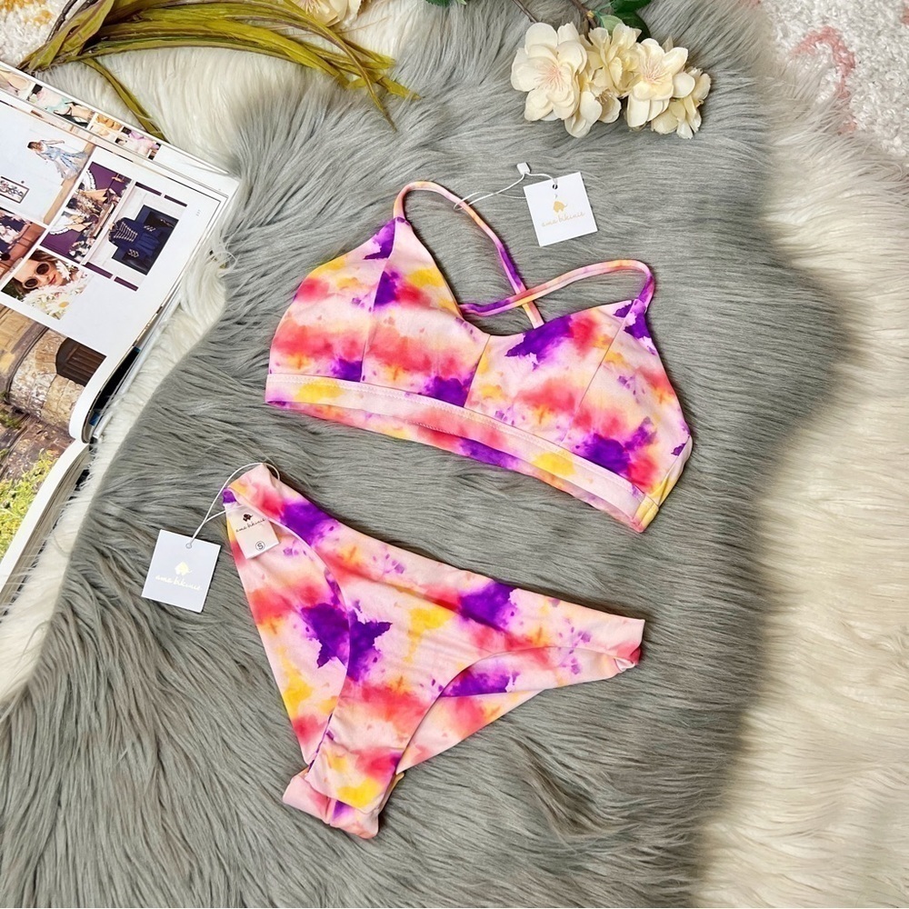 AMA Bikinis Tie Dye Ruched Pink Purple Bikini Swimsuit Set Sz M/S